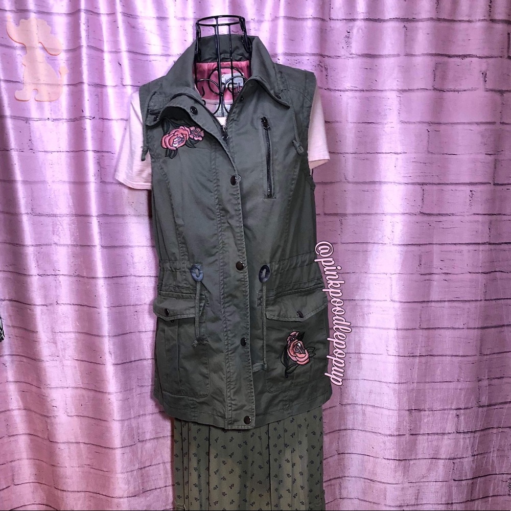 Jolt Army Green Vest With Pink Floral Embroidery